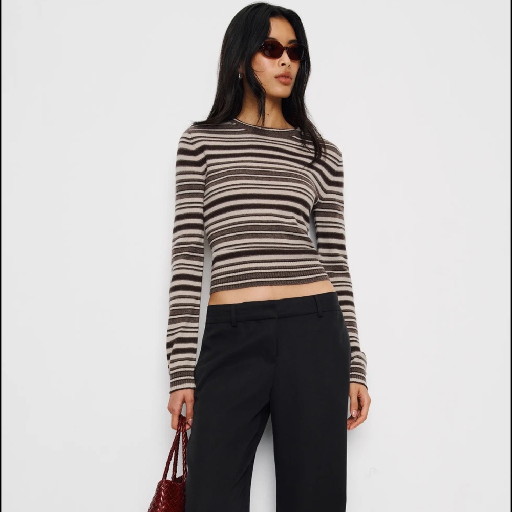 Reformation Lian Cashmere Crew Sweater in Brown Multi Stripe